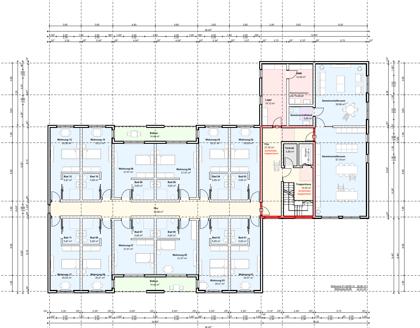 Grundriss des ersten Obergeschosses mit zwölf WG-Zimmern und Gemeinschaftsbereichen