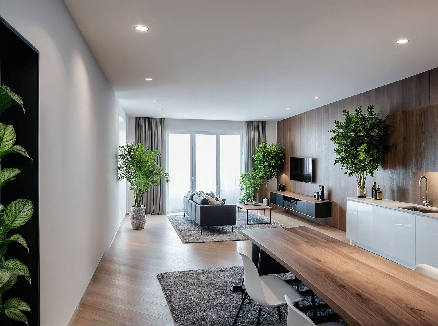 Innenraumvisualisierung einer geplanten betreuten Wohnung mit Wohnbereich und Küche